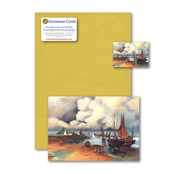 Seascape Birthday Card Gift Tag and Gold Lustre Gold Wrap from Dormouse Cards