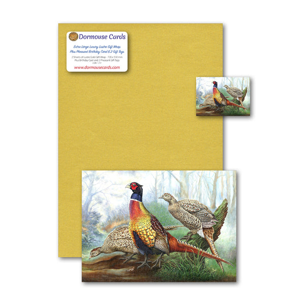 Lustre Gold Gift Wrap Pheasant Birthday Card and Gift Tag from Dormouse Cards