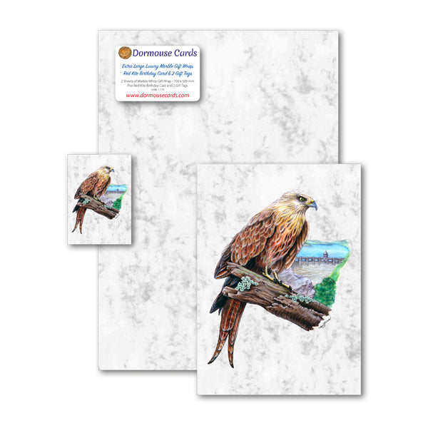 Luxury Marble Gift Wrap Red Kite Greetings Card and Red Kite Gift Tags