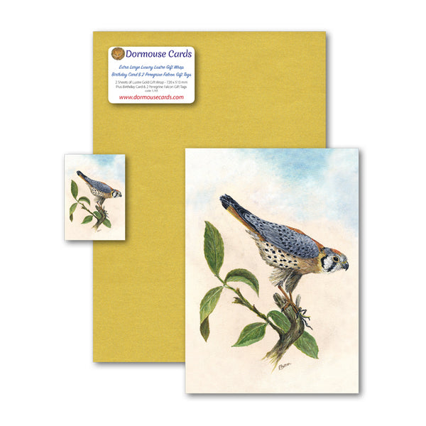 Lustre Gold Gift Wrap Perrigrine Falcon Birthday Card and Gift Tags from Dormouse Cards