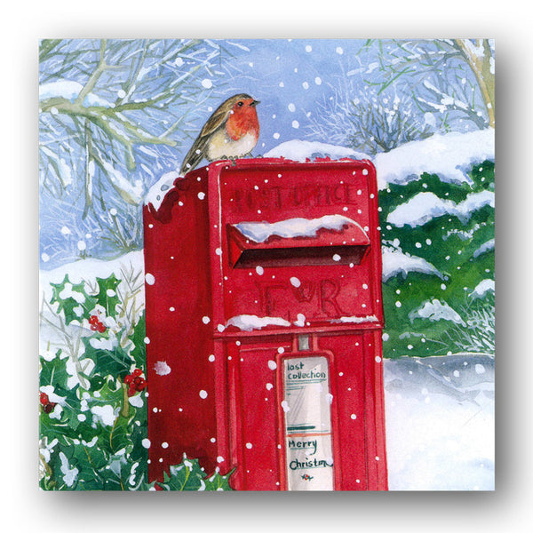 Robin on Postbox Christmas Cards sold by Dormouse Cards