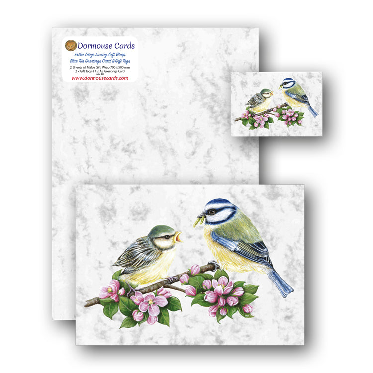Luxury Marble Gift Wrap Blue Tits Greetings Card and Blue Tits Gift Tags