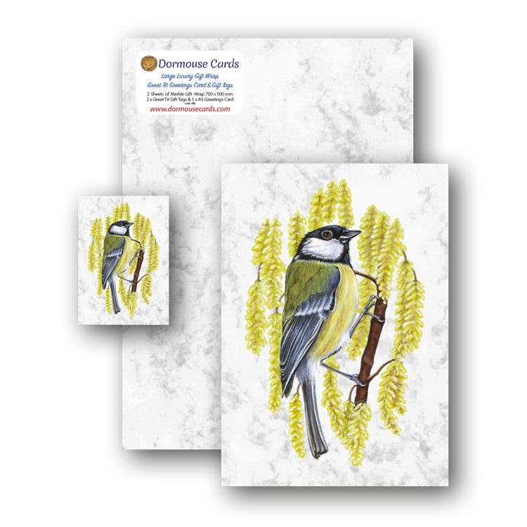Marble Gift Wrap and Great Tit Gift Tags and Greetings Card from Dormouse Cards