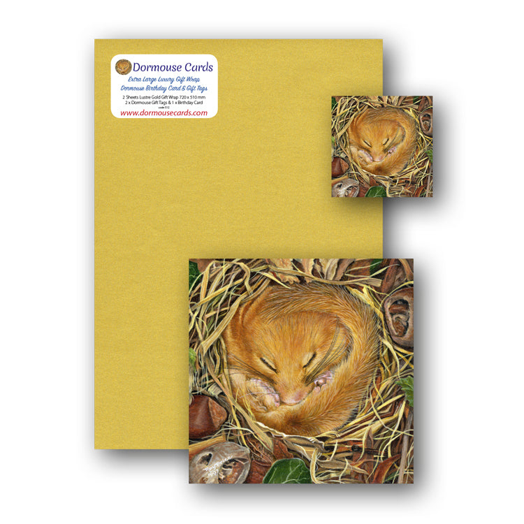 Luxury Lustre Gold Gift Wrap Dormouse Birthday Card and Gift Tags from Dormouse Cards