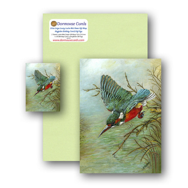 Luxury Lustre Mint Green Gift Wrap and Kingfisher Gift Tags and Birthday Card from Dormouse Cards