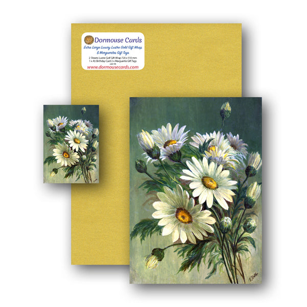 Lustre Gold Gift Wrap and Marguerite Birthday Card and Gift Tags from Dormouse Cards