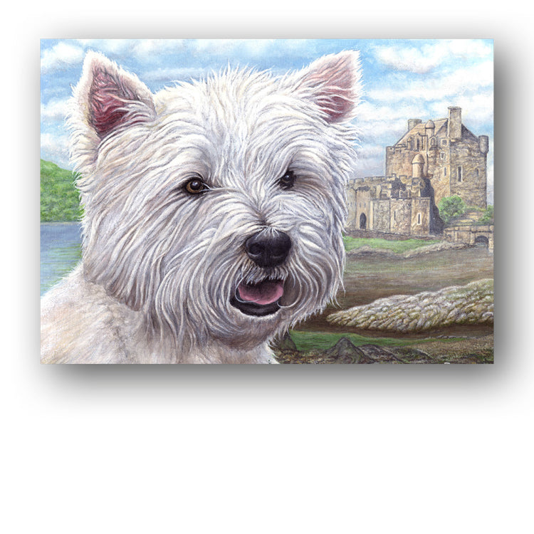 Westie West Highland White Terrier Eileen Donan Castle Scotland Greetings Card from Dormouse Cards