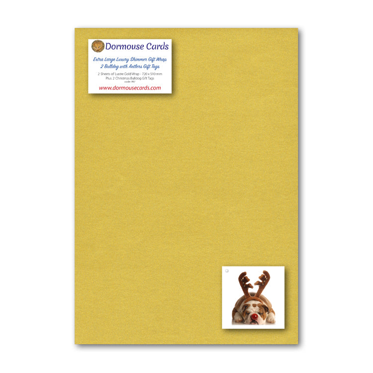 Lustre Gold Gift Wrap and Funny Christmas Bulldog with Antlers Gift Tags from Dormouse Cards